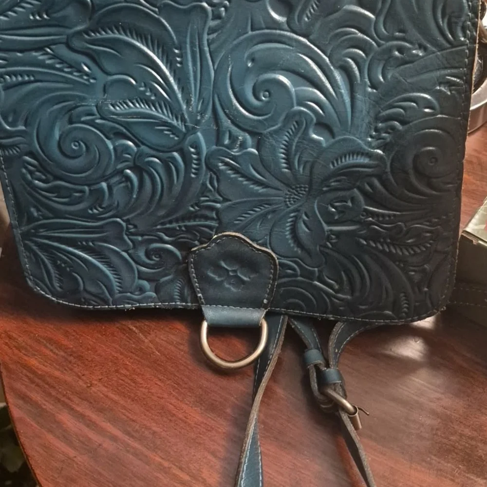Patricia Nash Embossed Floral Leather Crossbody — Teal Blue